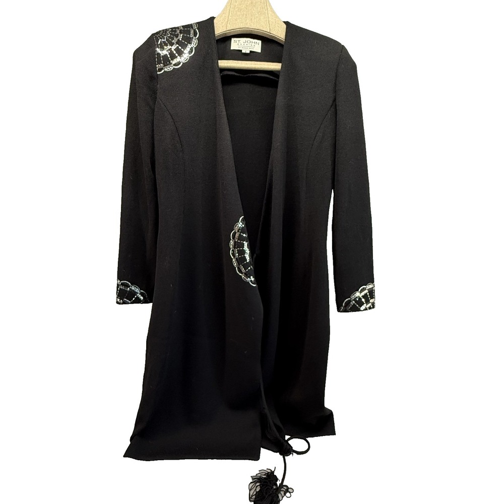 St John Evening Marie Gray Jacket 6 Black Embellished Art Deco Tassel Cardigan